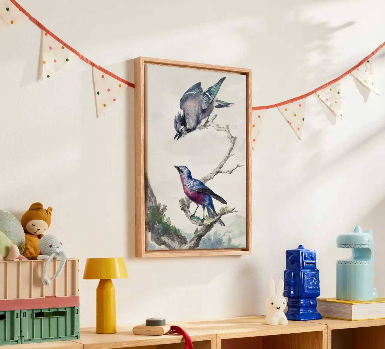 Two birds: a blue jay and a purple-breasted cotinga canvas with Floater frame by vintageshop