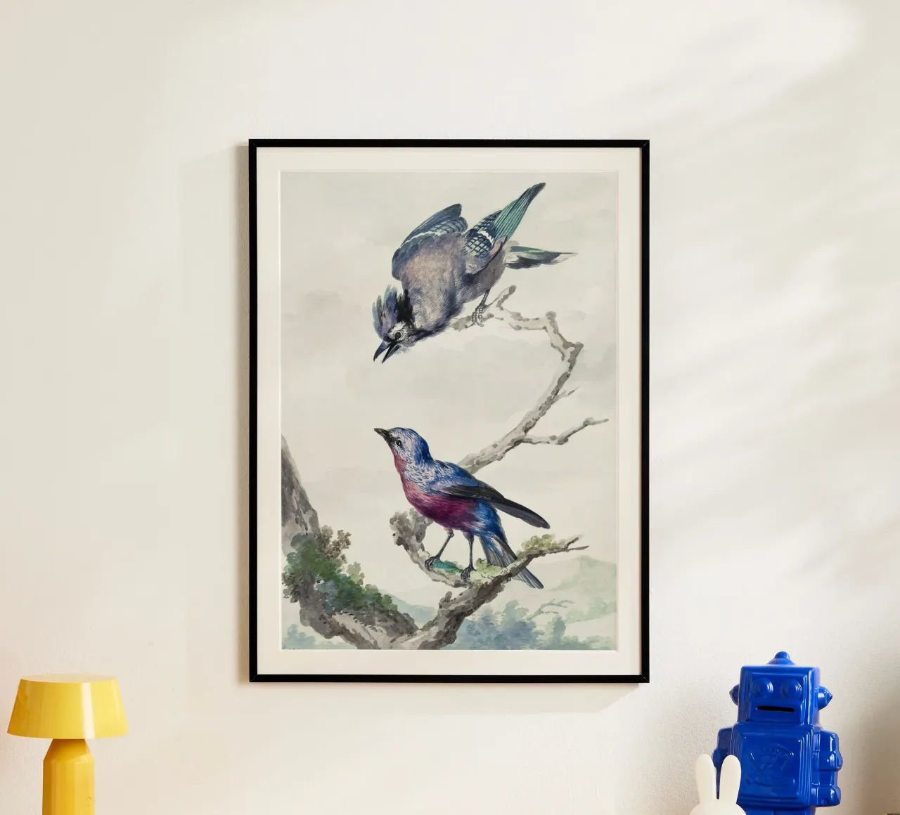 Two birds: a blue jay and a purple-breasted cotinga poster con telaio in legno da vintageshop