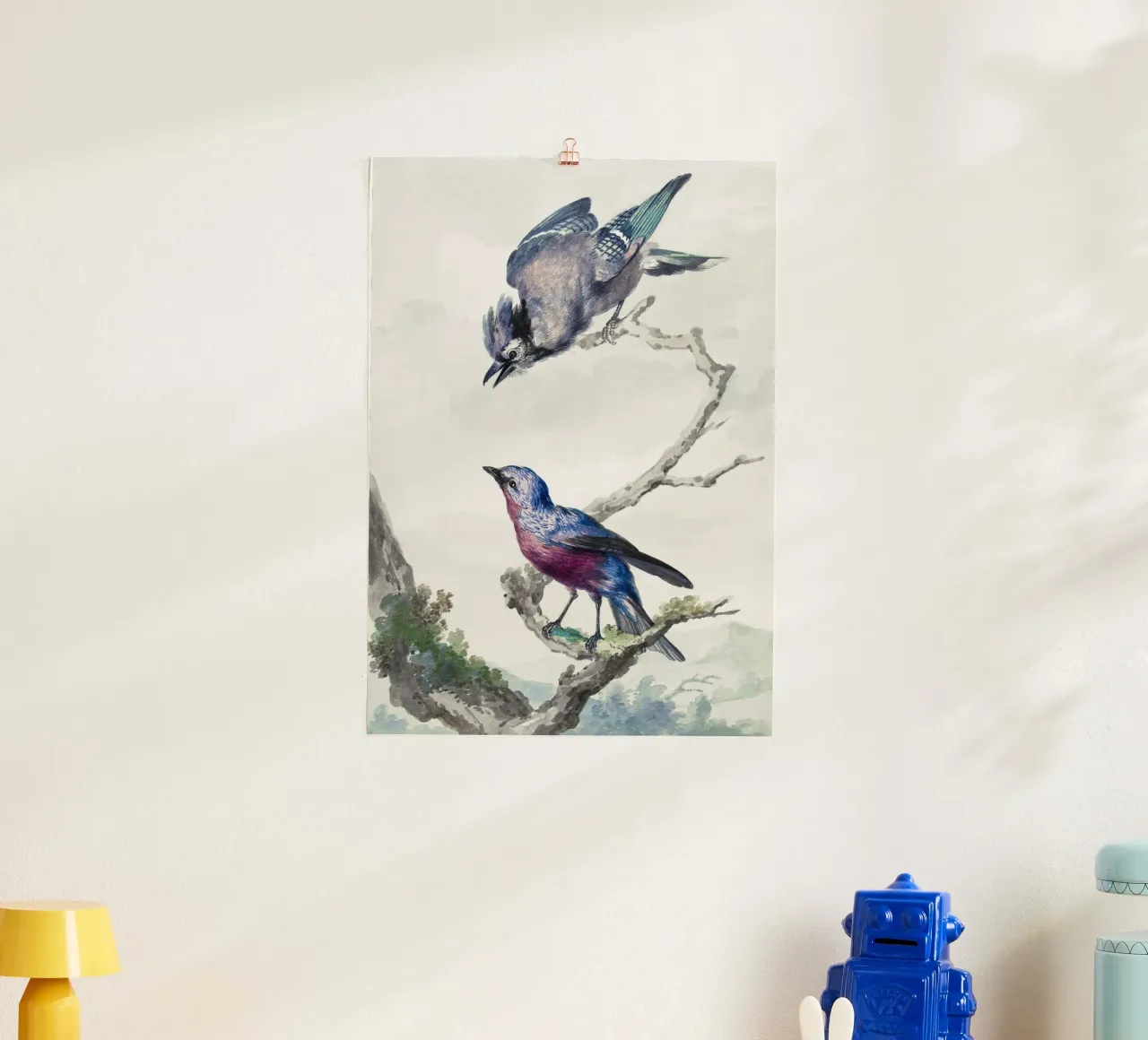 Two birds: a blue jay and a purple-breasted cotinga poster con telaio in legno da vintageshop