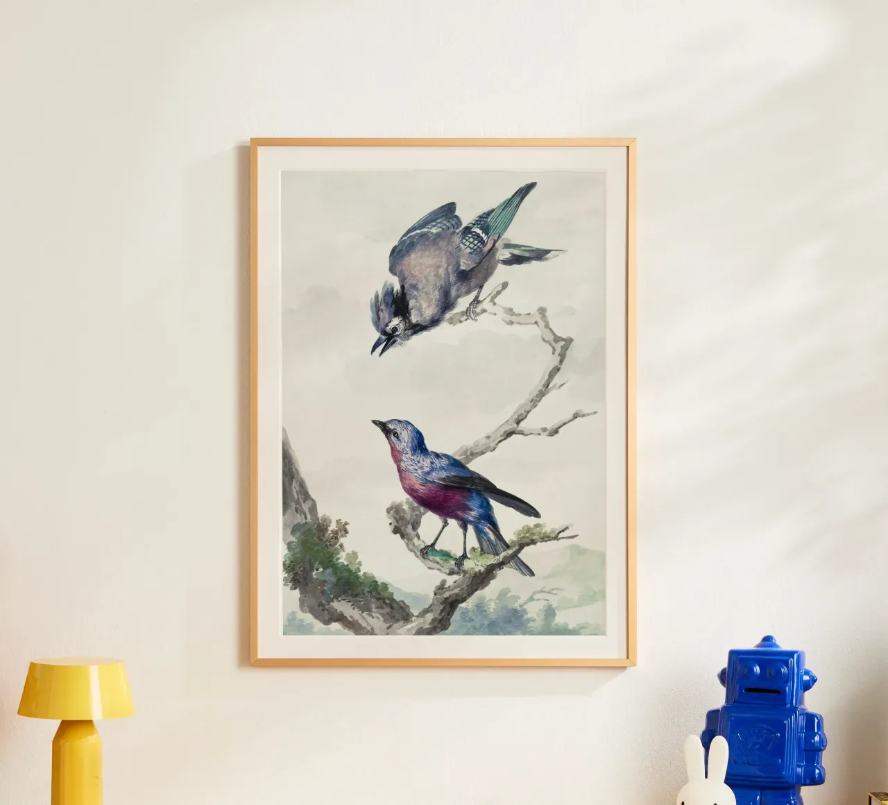Two birds: a blue jay and a purple-breasted cotinga poster con telaio in legno da vintageshop