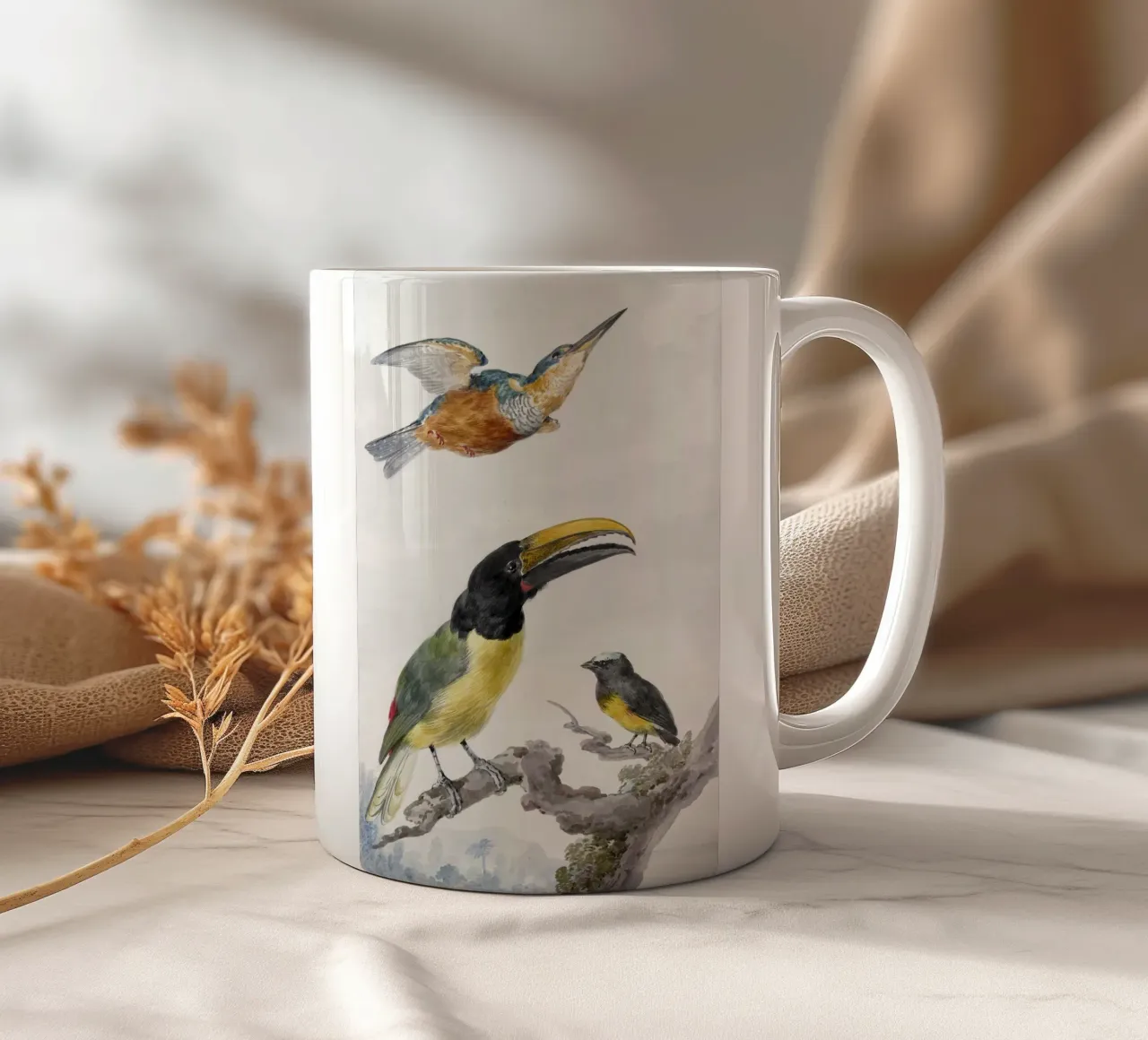Three Birds: a Kingfisher, a Prince von Wied's Toucan and an tazza in ceramica da vintageshop