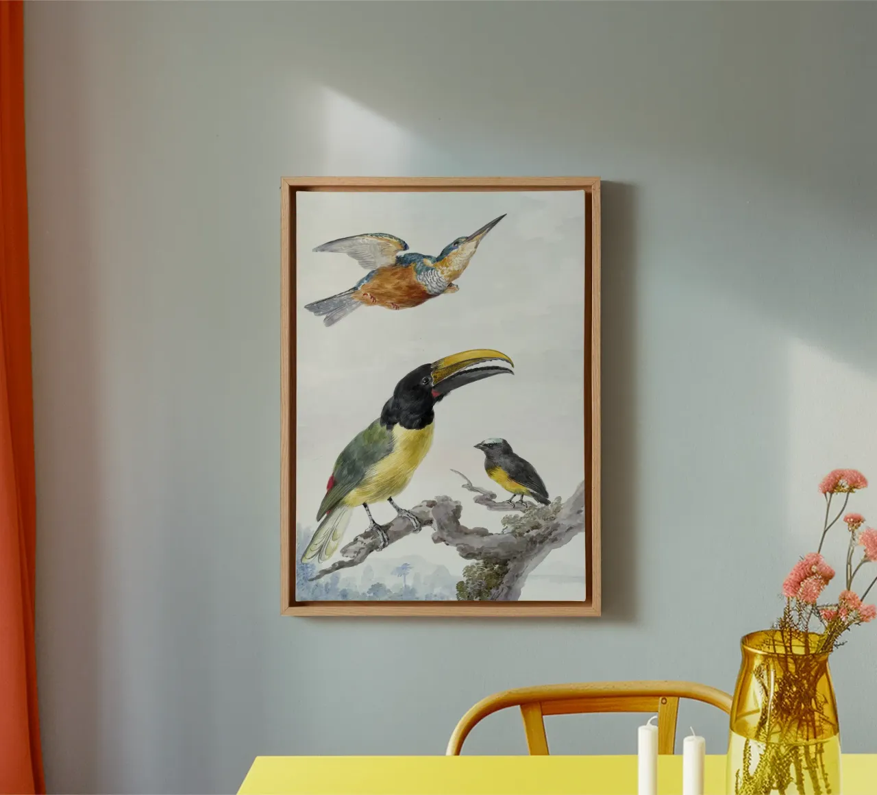 Three Birds: a Kingfisher, a Prince von Wied's Toucan and an canvas with Floater frame by vintageshop