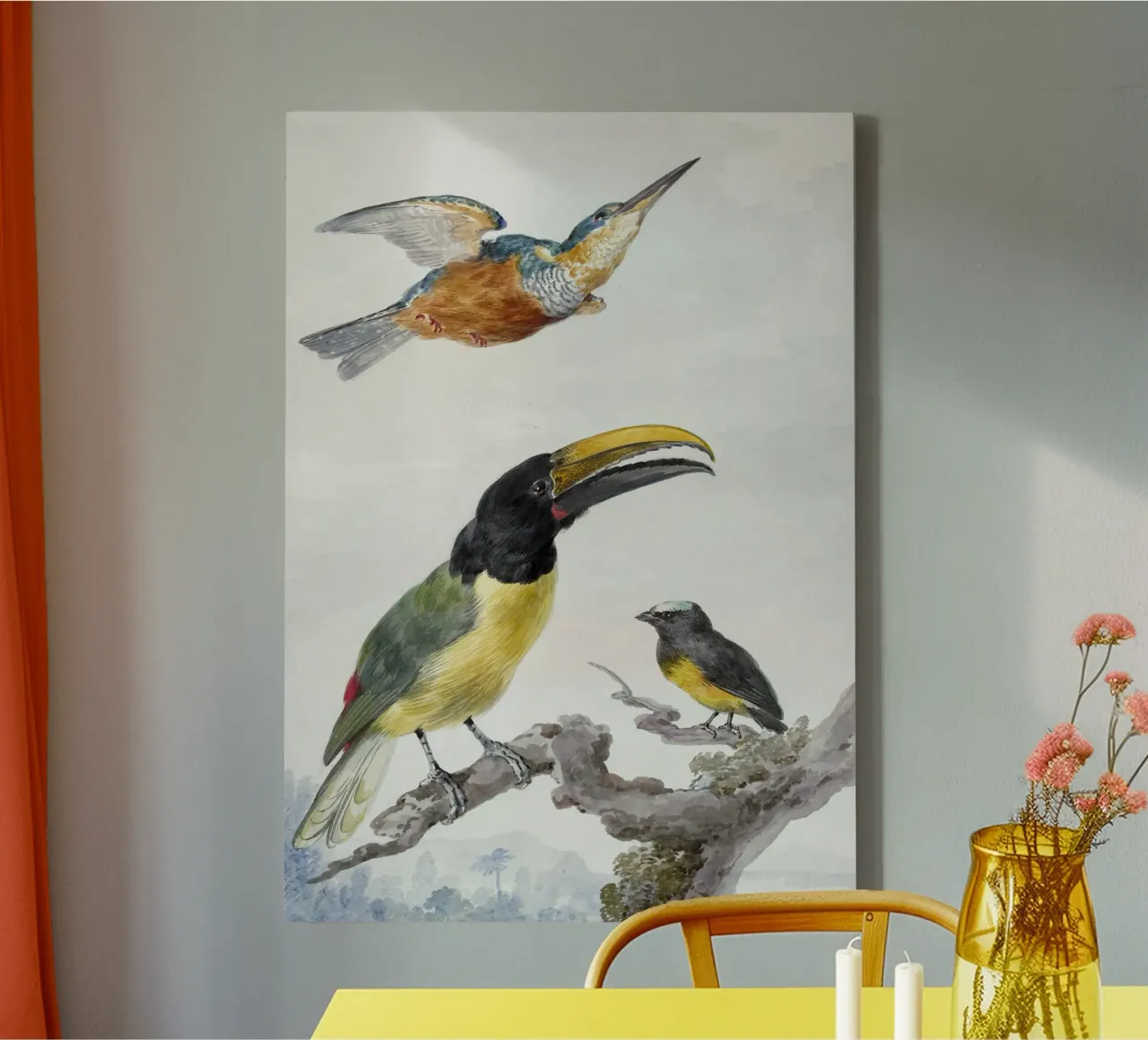 Three Birds: a Kingfisher, a Prince von Wied's Toucan and an canvas with Floater frame by vintageshop