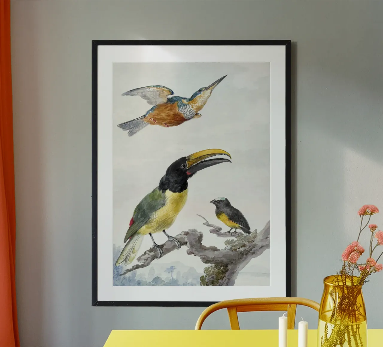Three Birds: a Kingfisher, a Prince von Wied's Toucan and an poster con telaio in plastica da vintageshop