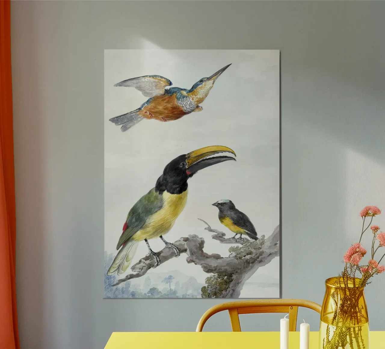 Three Birds: a Kingfisher, a Prince von Wied's Toucan and an poster con telaio in plastica da vintageshop