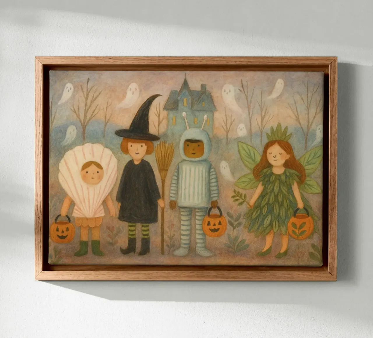 Halloween Fun Kunstdruk: Grillige kinderen, spoken & spookhuizen canvas met Baklijst van vintagepod