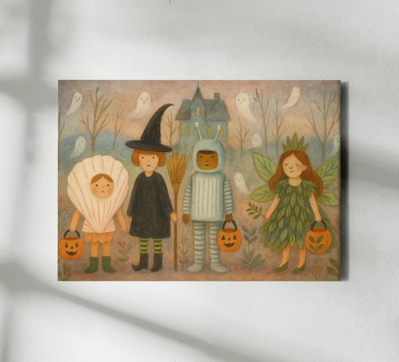 Halloween Fun Kunstdruk: Grillige kinderen, spoken & spookhuizen canvas met Baklijst van vintagepod