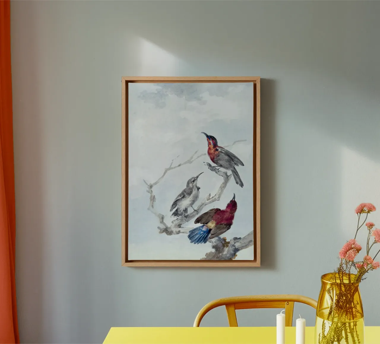 Three Crimson Sunbirds tela con Cornice a cassetta da vintageshop