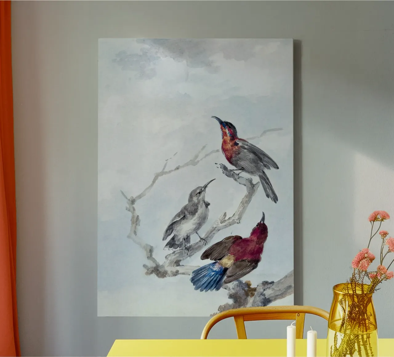 Three Crimson Sunbirds tela con Cornice a cassetta da vintageshop