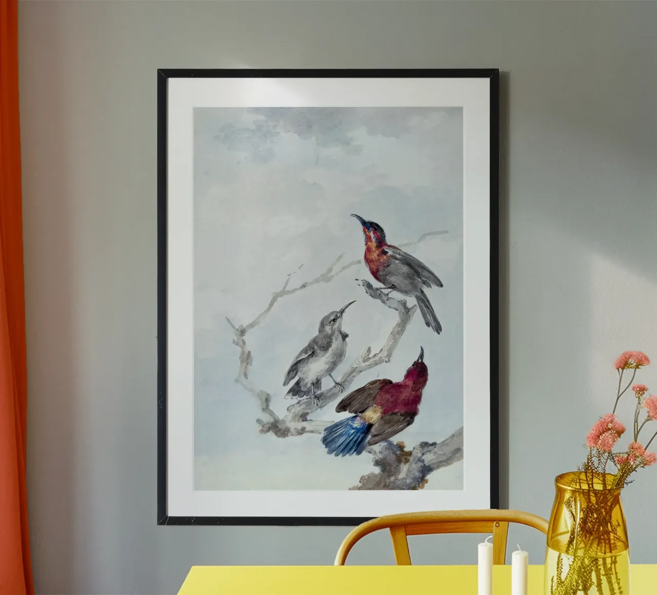 Three Crimson Sunbirds poster con telaio in plastica da vintageshop