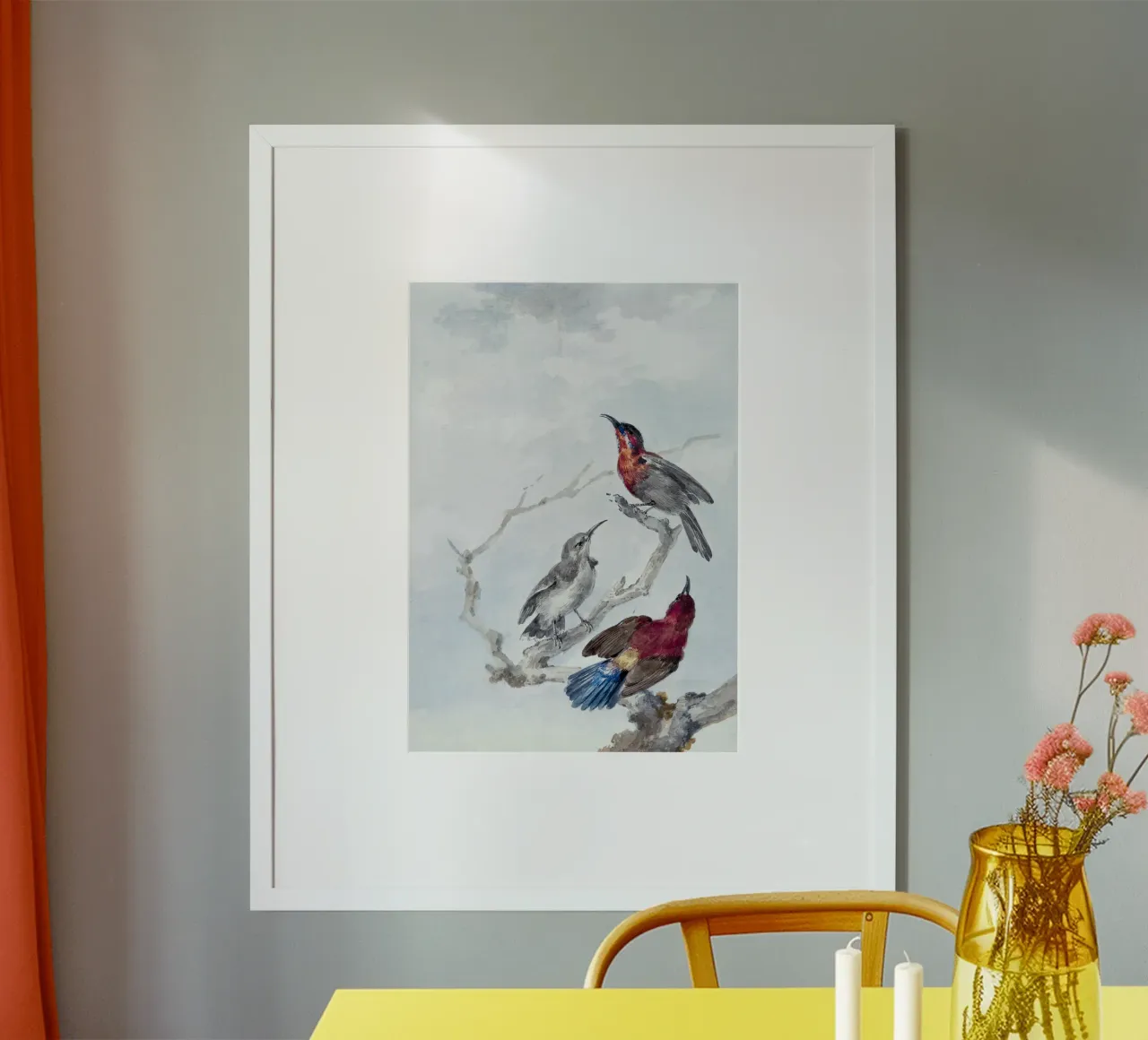 Three Crimson Sunbirds poster con telaio in plastica da vintageshop