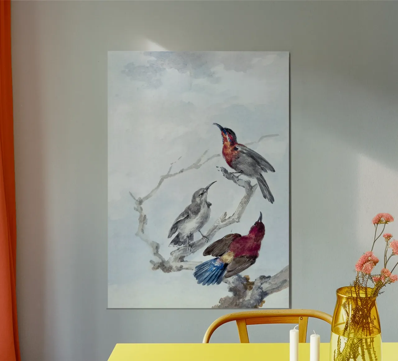 Three Crimson Sunbirds poster con telaio in plastica da vintageshop