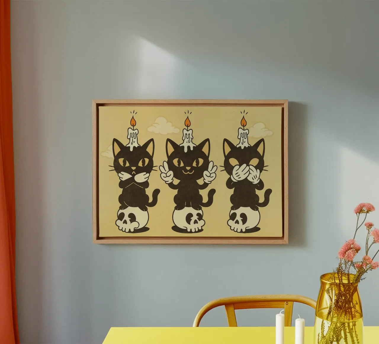Three Wise Cats: Retro Halloween Cartoon Print canvas with Floater frame by vintagepod