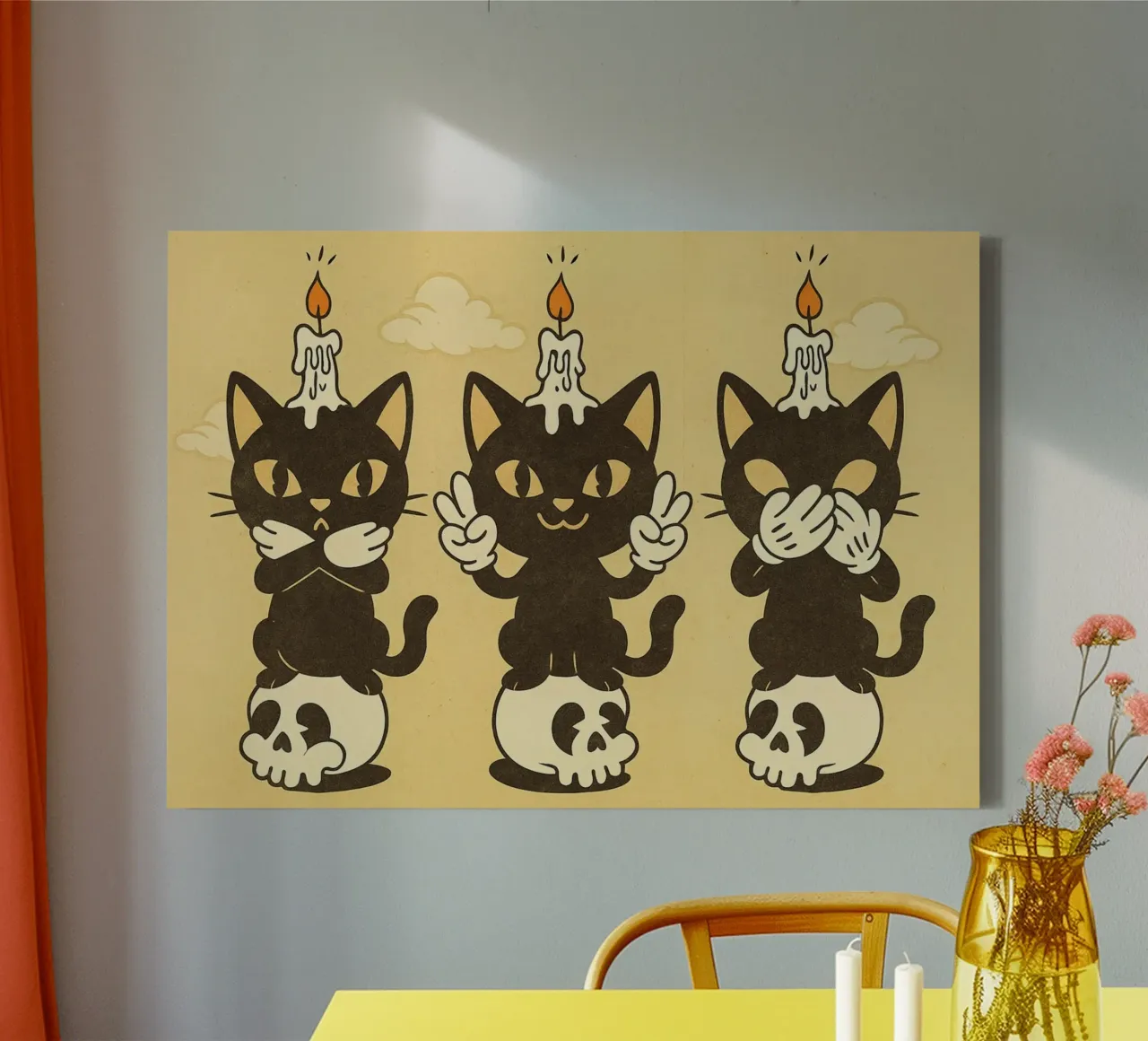 Three Wise Cats: Retro Halloween Cartoon Print canvas with Floater frame by vintagepod