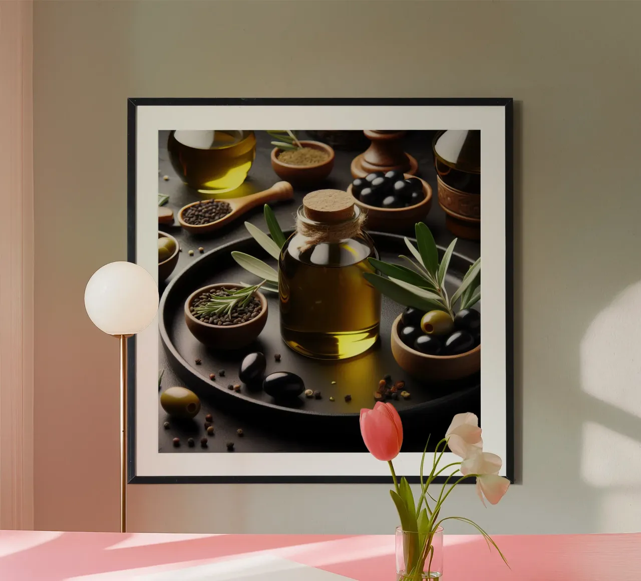 Natura morta di olio d'oliva poster con telaio in plastica da 🥩 The tasty wall
