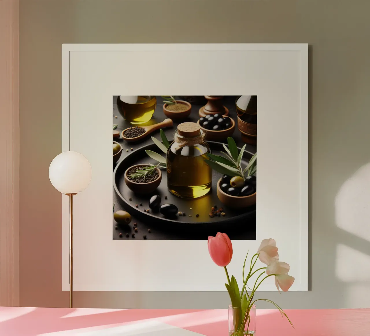 Natura morta di olio d'oliva poster con telaio in plastica da 🥩 The tasty wall