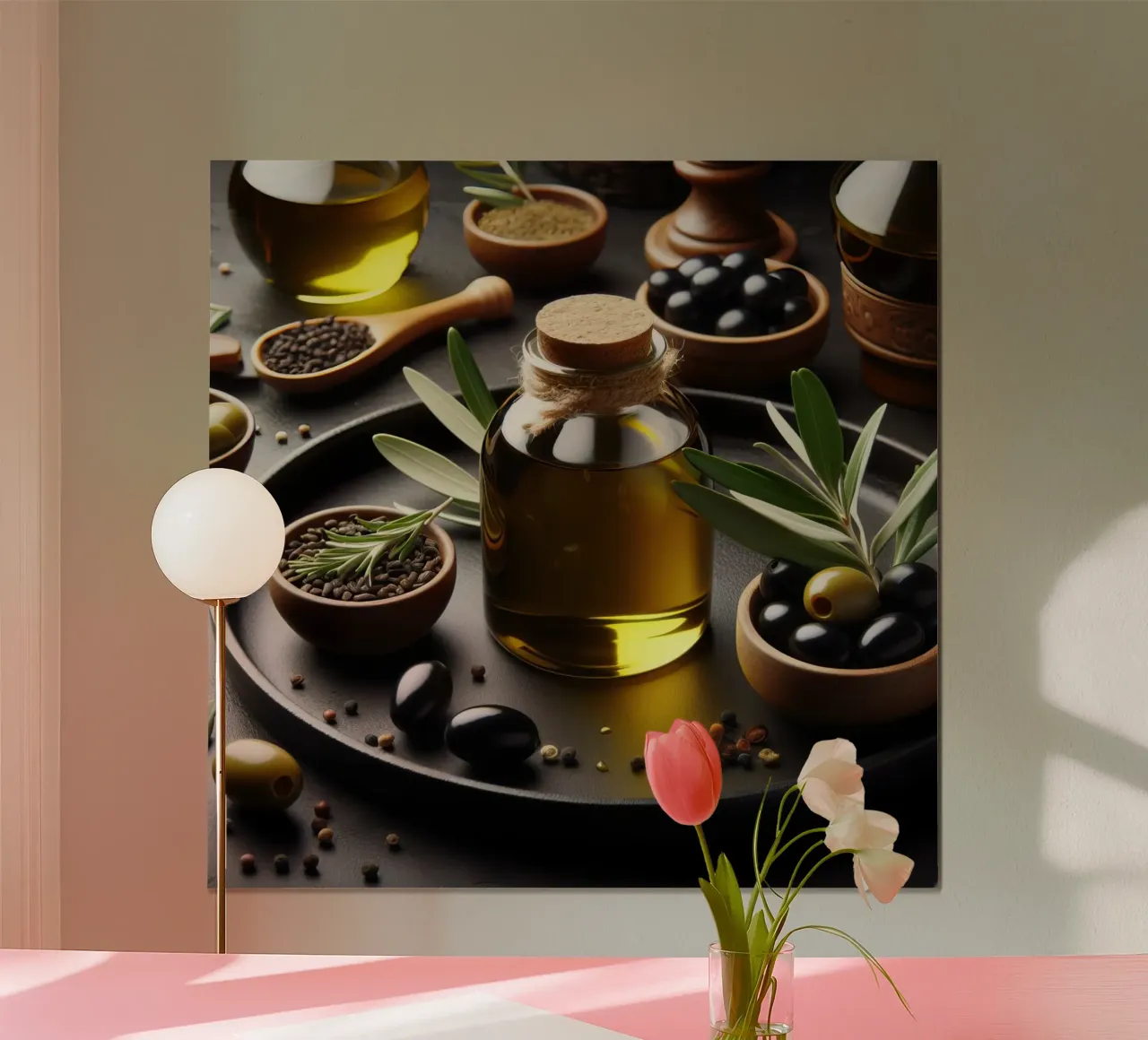 Natura morta di olio d'oliva poster con telaio in plastica da 🥩 The tasty wall