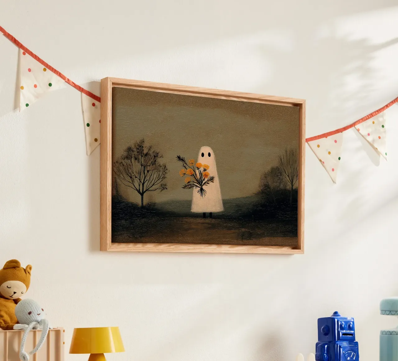 Fantôme mignon avec des fleurs : Halloween Moody Art Print toile avec Caisse américaine de vintagepod