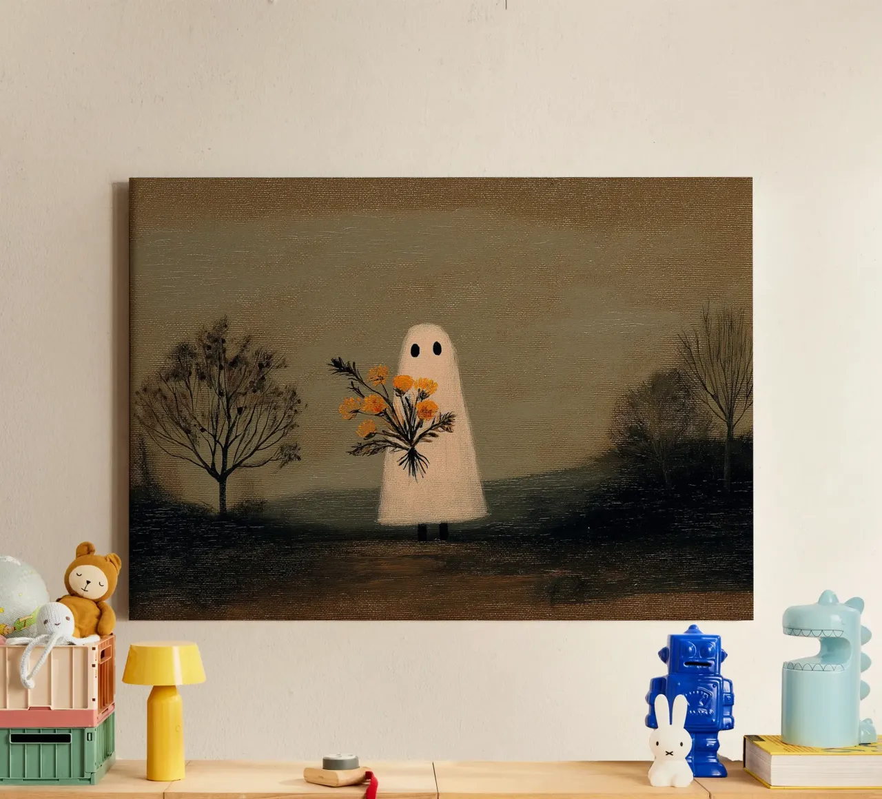 Fantôme mignon avec des fleurs : Halloween Moody Art Print toile avec Caisse américaine de vintagepod
