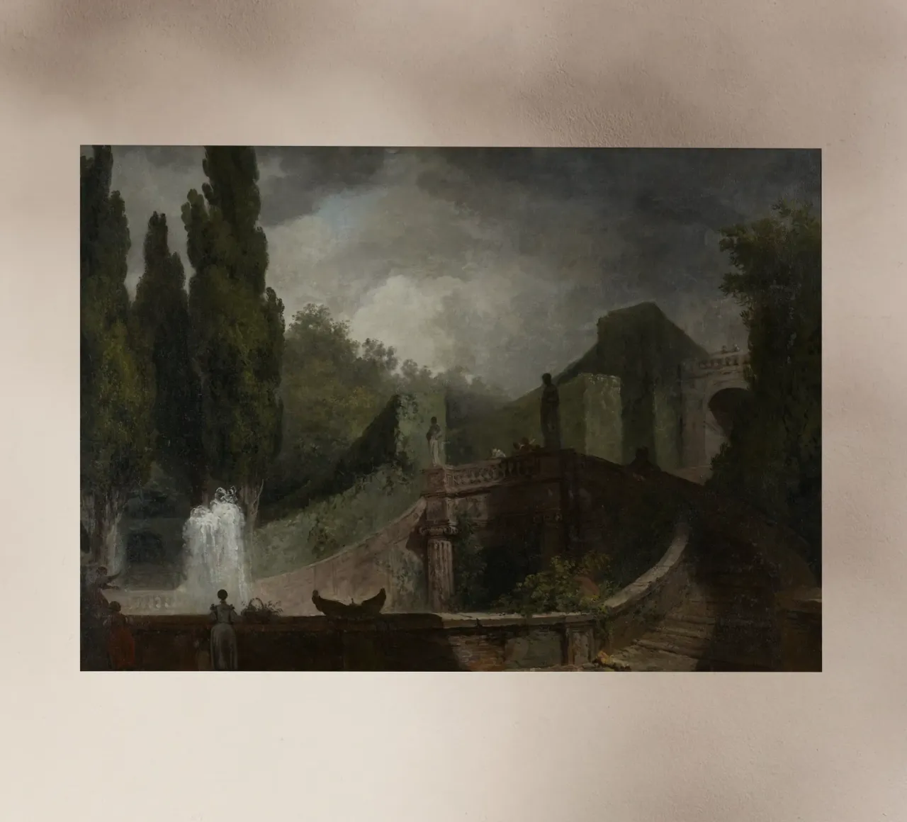 Paesaggio romantico: Stampa fontana e statua spettrale pellicola backlit da vintagepod