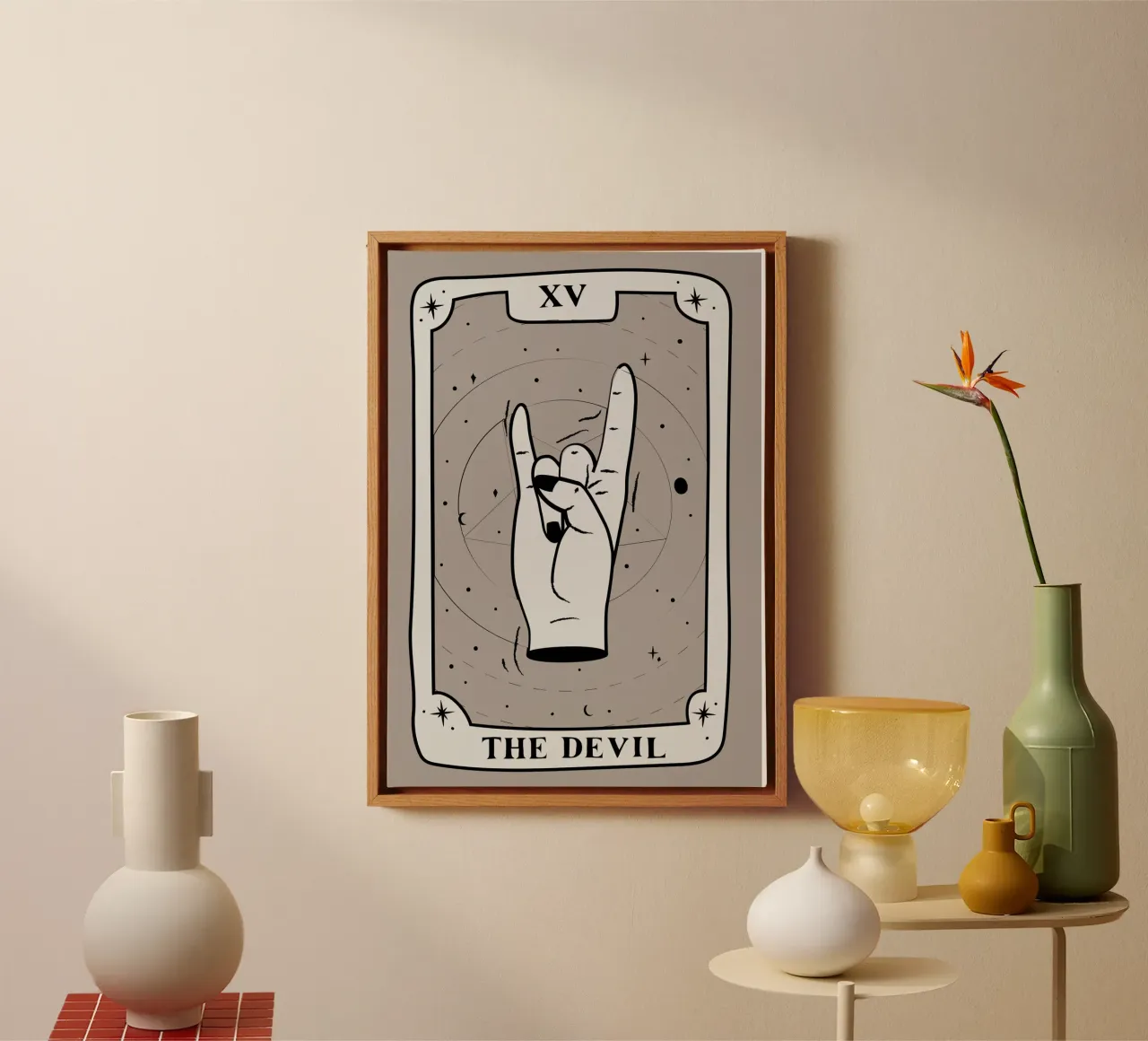 De duivel Tarotkaart: Rots Hand Halloween Print canvas met Baklijst van vintagepod