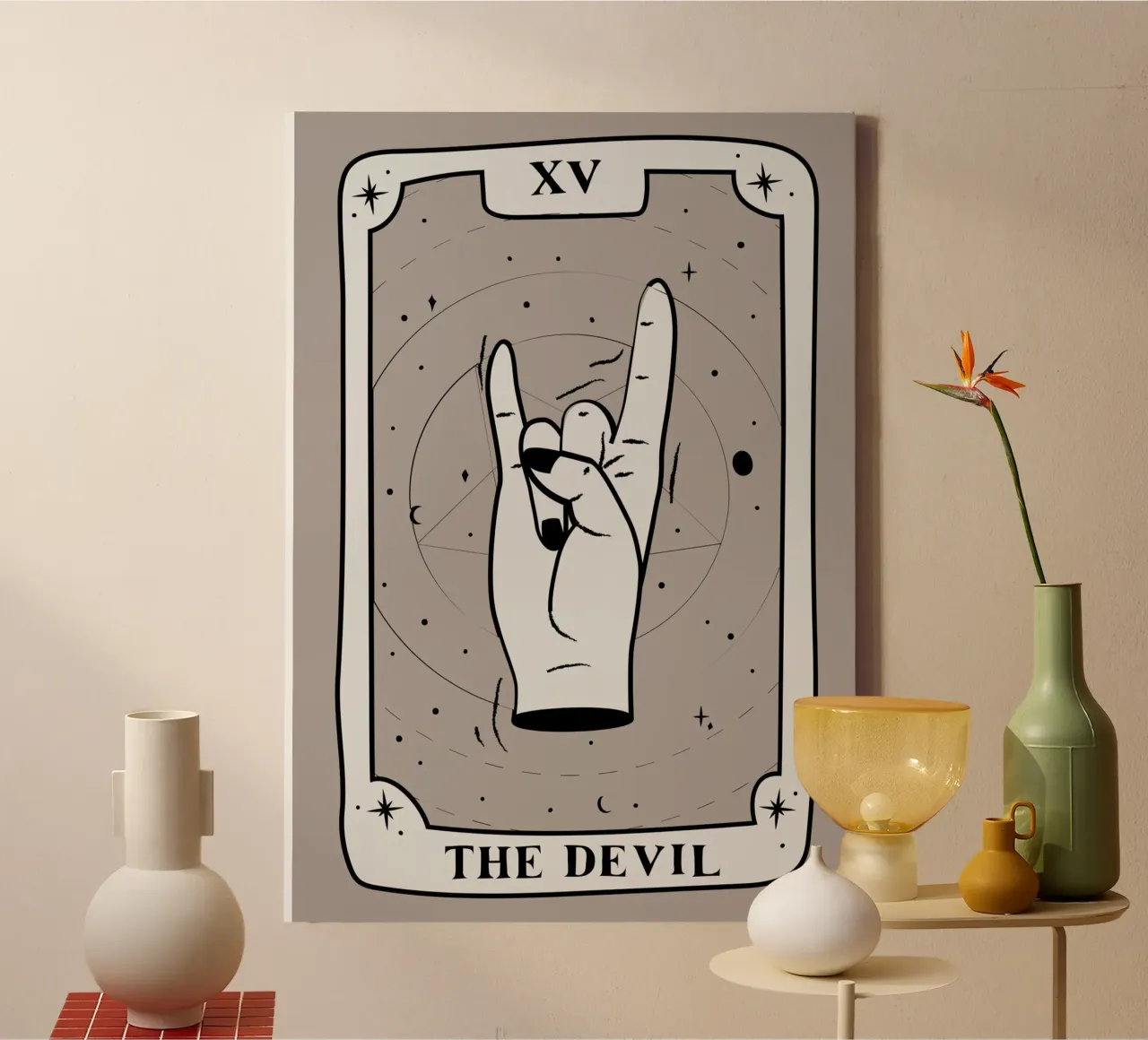 De duivel Tarotkaart: Rots Hand Halloween Print canvas met Baklijst van vintagepod