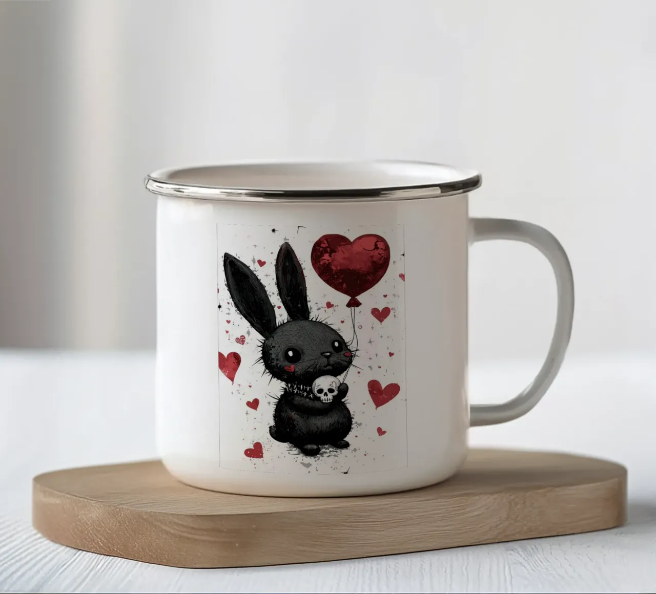 Coniglio nero gotico con palloncino a cuore tazza in smalto da pixelbull - medieval art and more