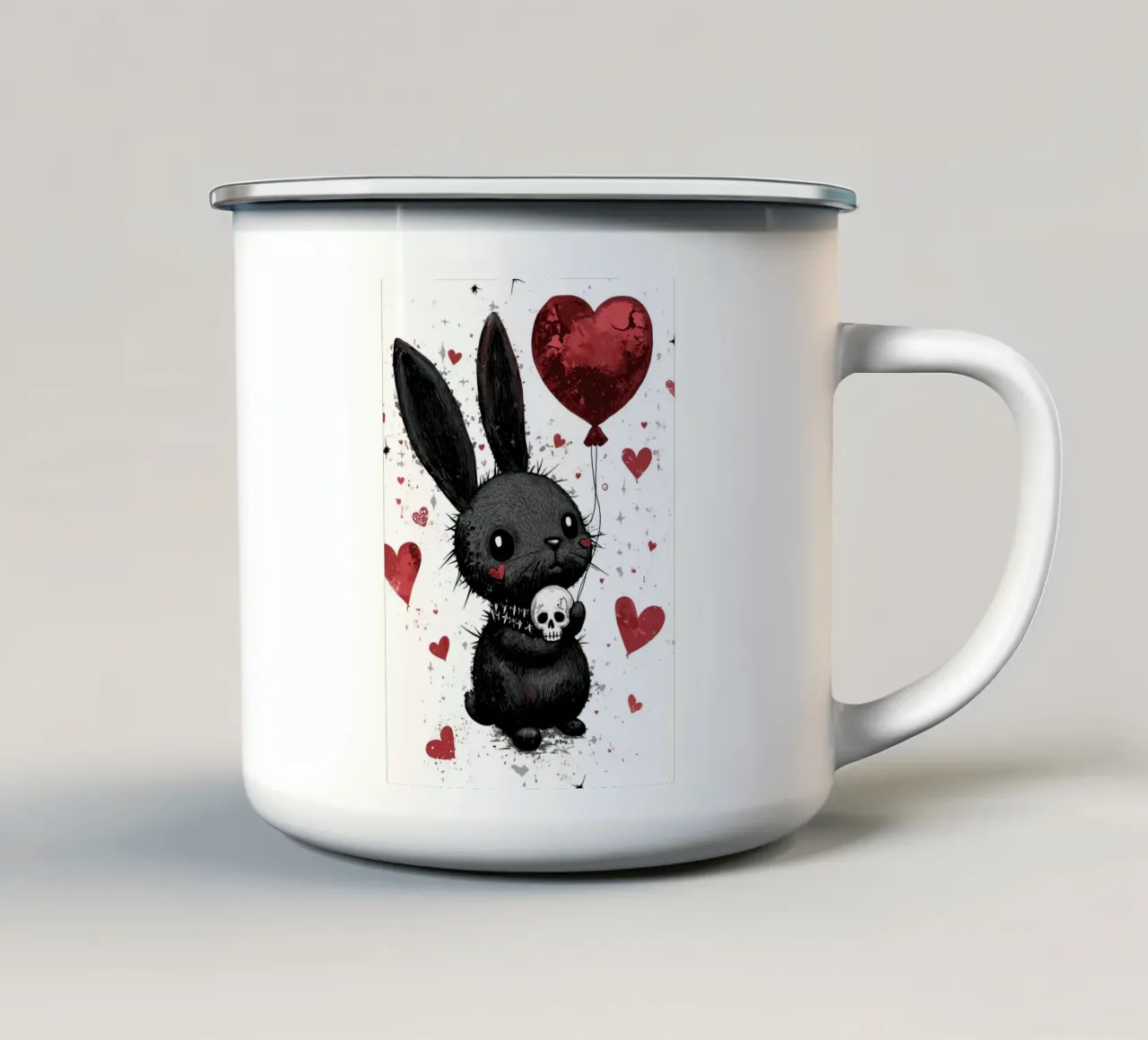 Coniglio nero gotico con palloncino a cuore tazza in smalto da pixelbull - medieval art and more