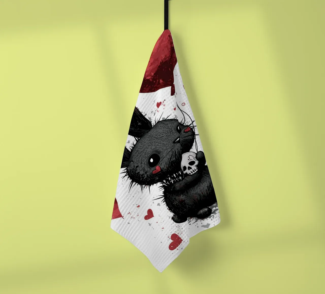 Lapin noir gothique avec ballon en forme de cœur torchon de pixelbull - medieval art and more