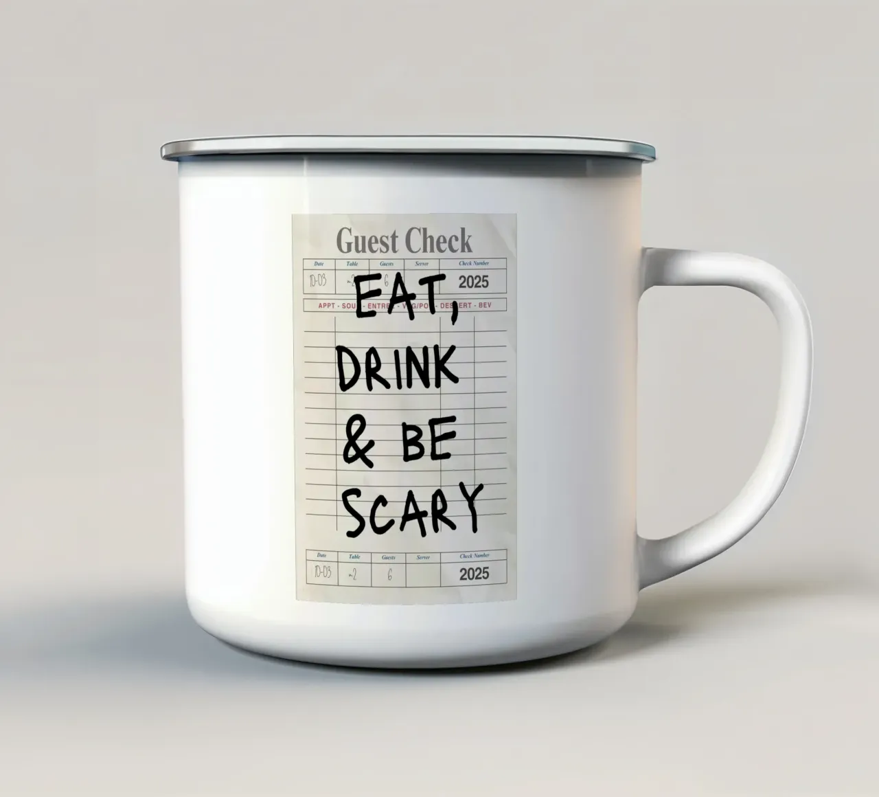 "Eet, drink en wees eng" Halloween Bill Print emaille mok van vintagepod