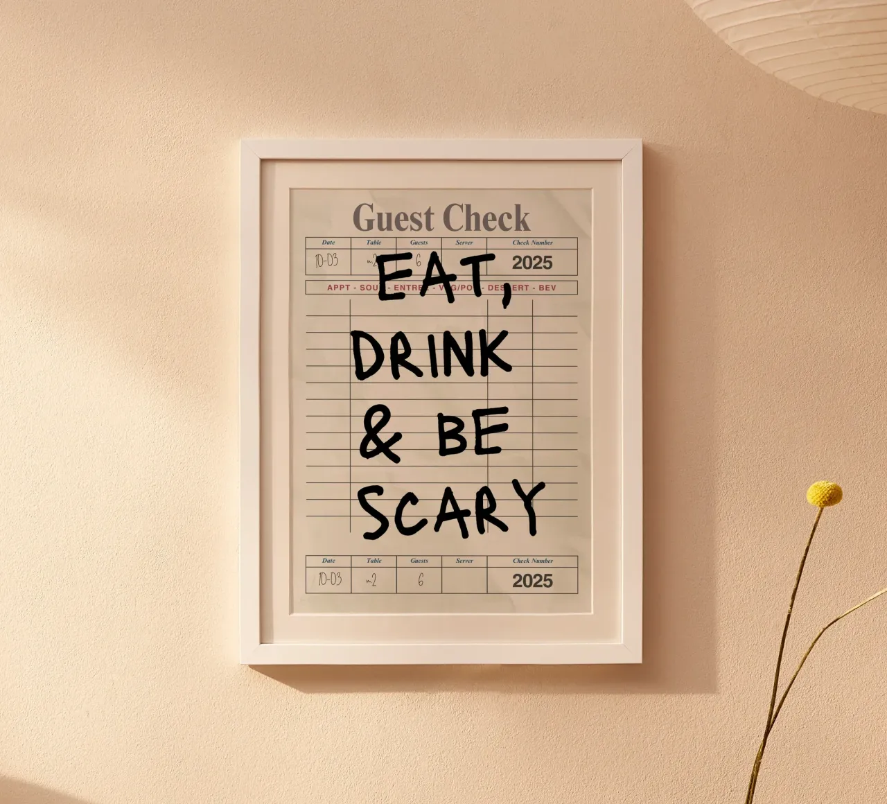 Stampa della banconota di Halloween "Eat, Drink & Be Scary" (Mangia, bevi e fai paura) poster con telaio in plastica da vintagepod