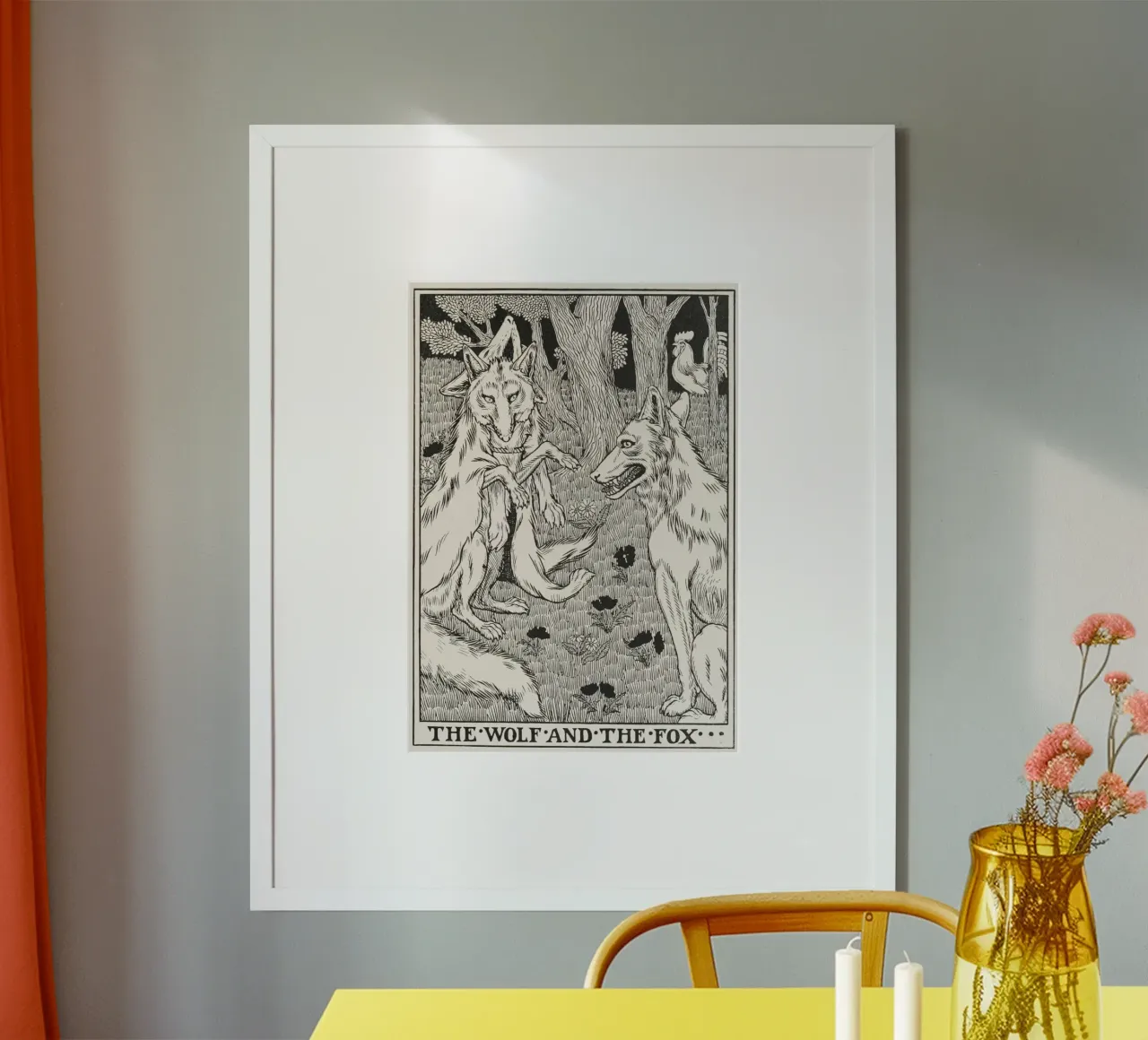 "Il lupo e la volpe": Illustrazione di libri d'epoca poster con telaio in legno da vintagepod