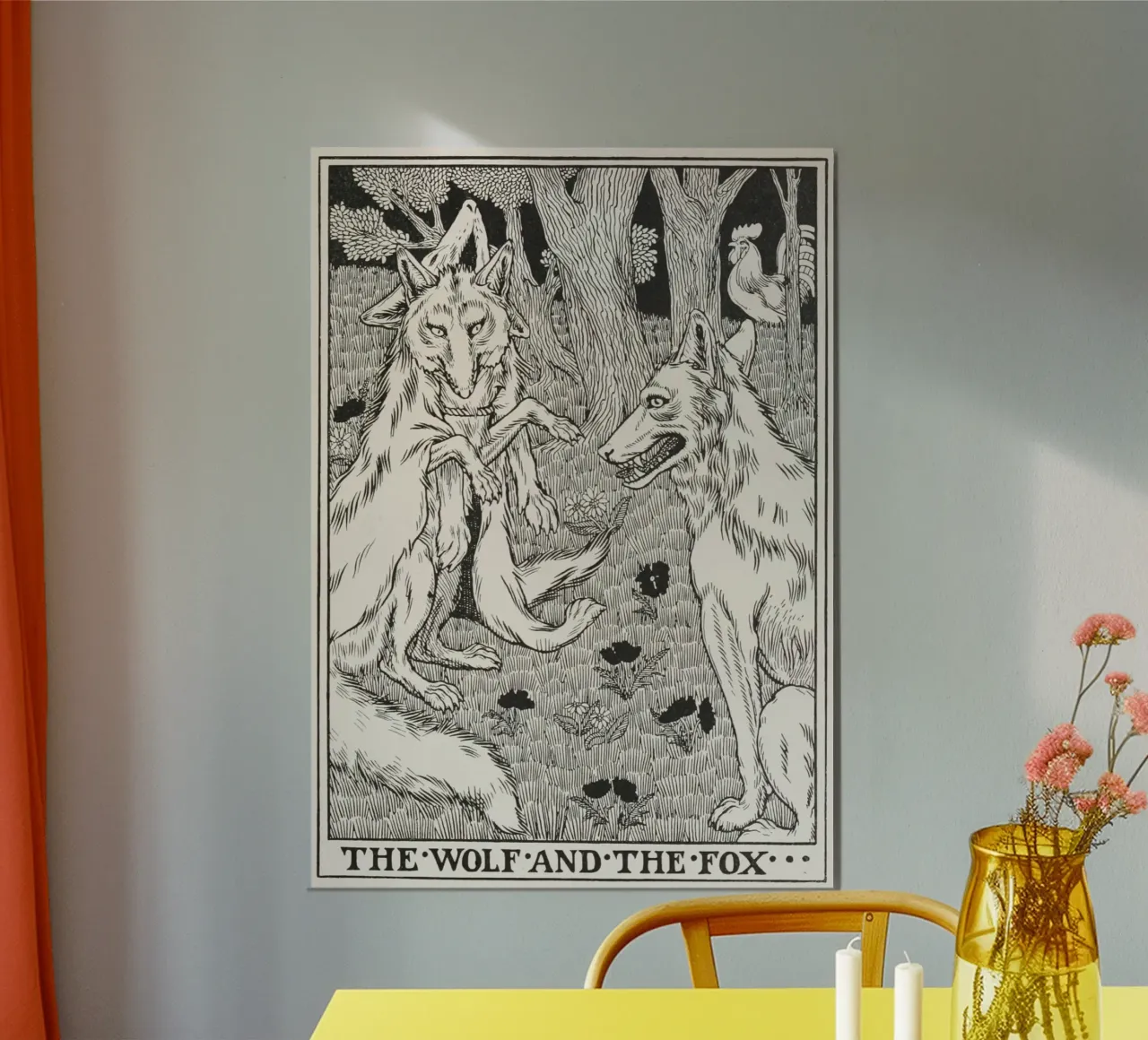 "Il lupo e la volpe": Illustrazione di libri d'epoca poster con telaio in legno da vintagepod