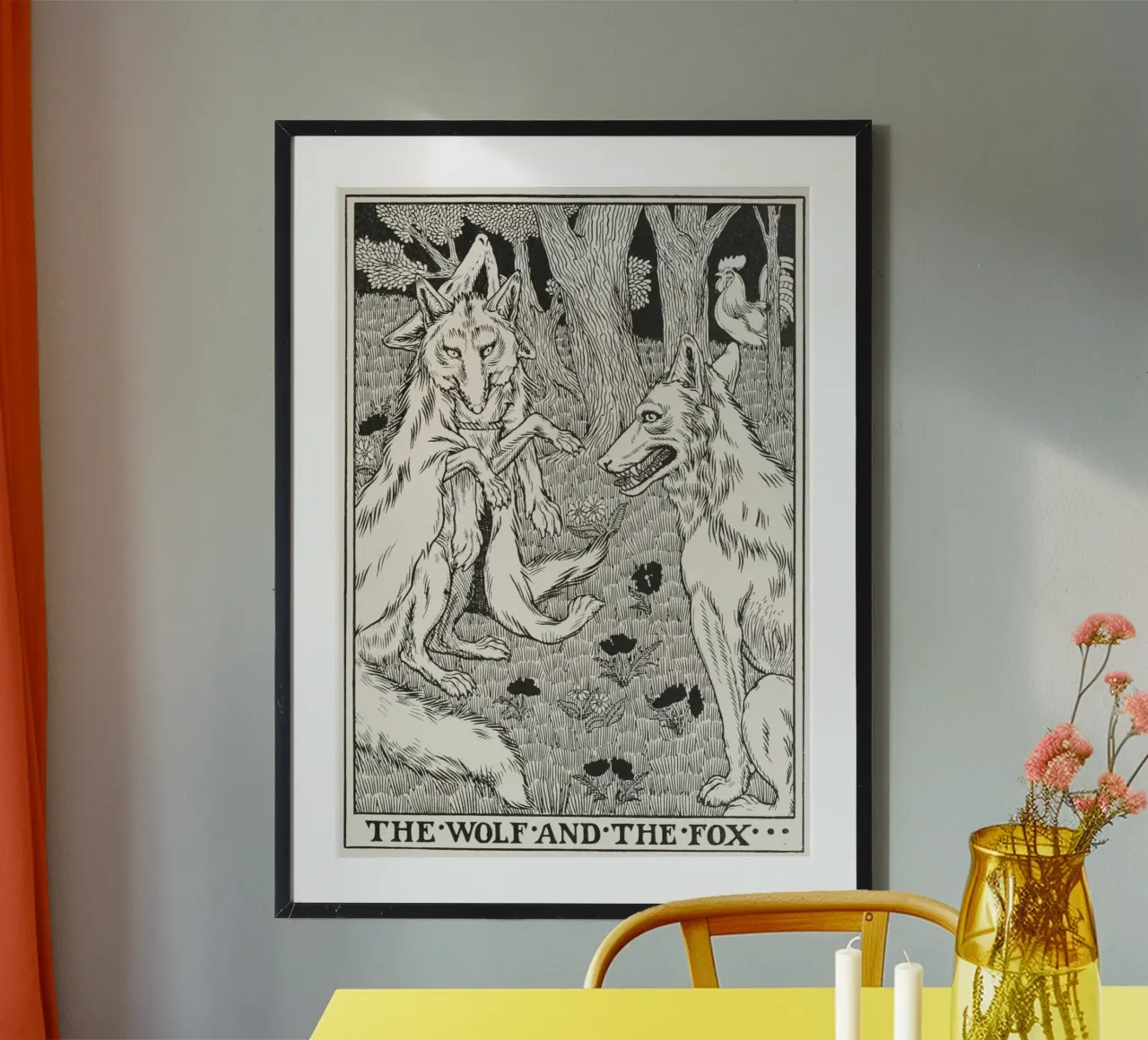 "Il lupo e la volpe": Illustrazione di libri d'epoca poster con telaio in legno da vintagepod
