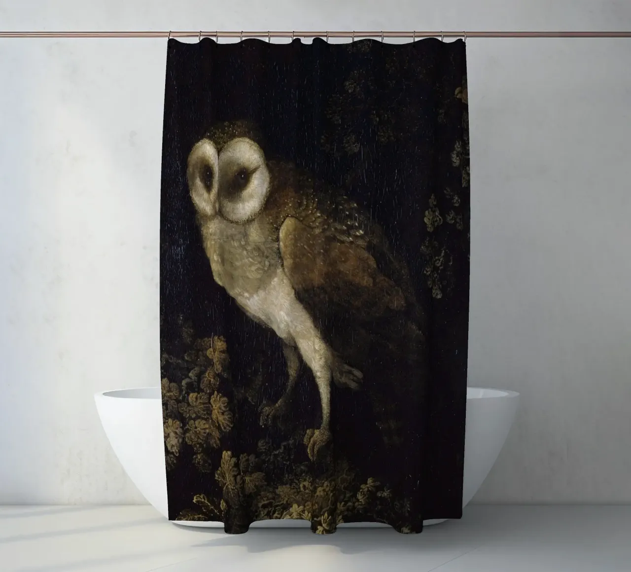 Barbagianni vintage: arte di Moody Dark Academia tenda da doccia da vintagepod