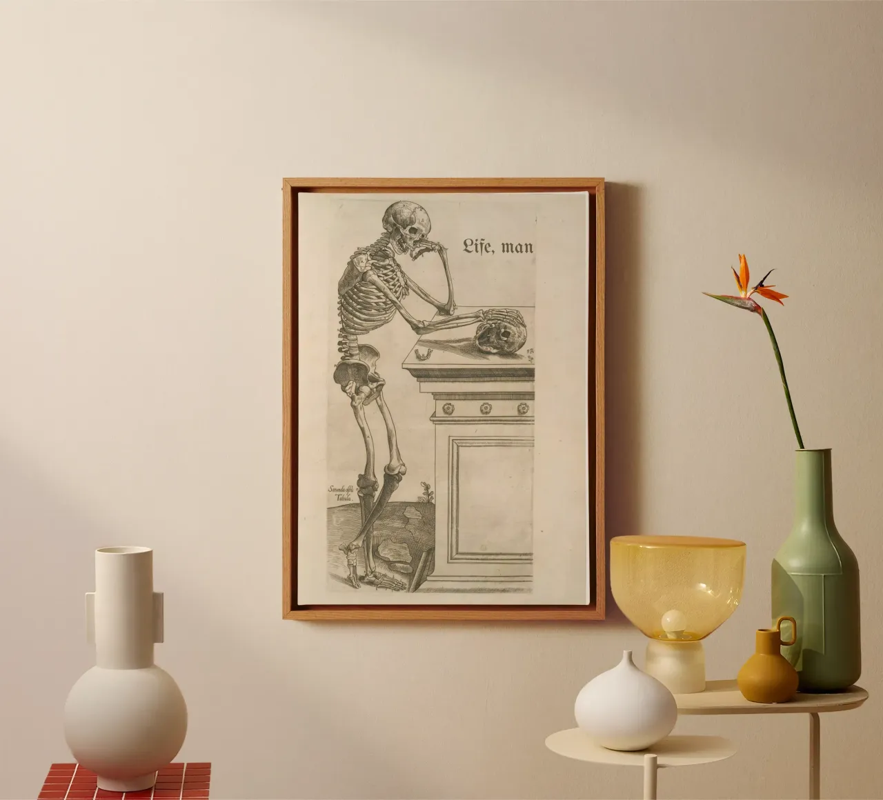 Skelett Kunstdruck: Melancholischer Totenkopf & Leben Leinwand mit Schattenfugenrahmen von vintagepod