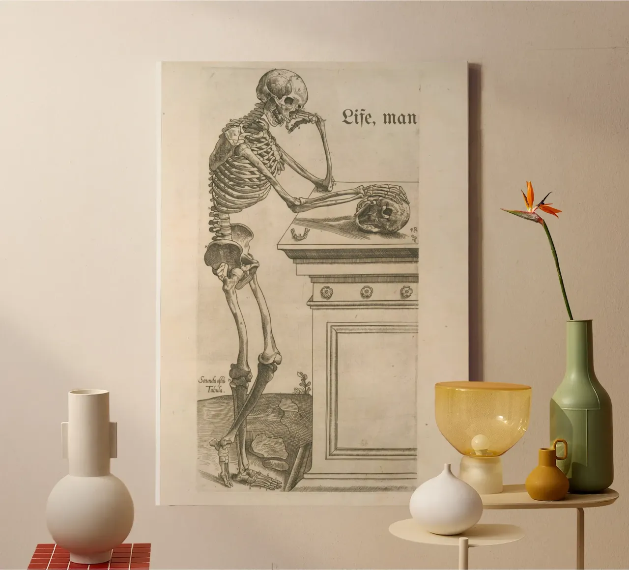 Skelett Kunstdruck: Melancholischer Totenkopf & Leben Leinwand mit Schattenfugenrahmen von vintagepod