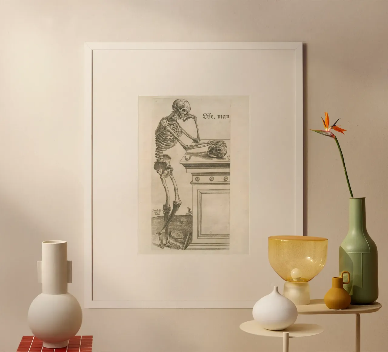 Skelet kunstdruk: Melancholische Schedel & Leven poster van vintagepod
