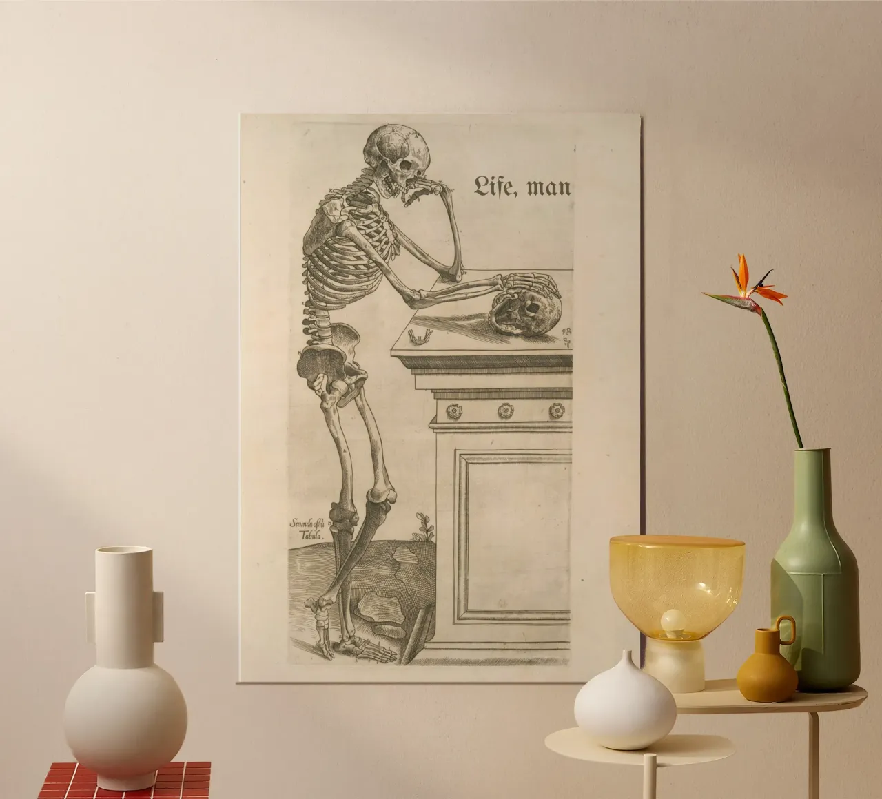 Skelet kunstdruk: Melancholische Schedel & Leven poster van vintagepod