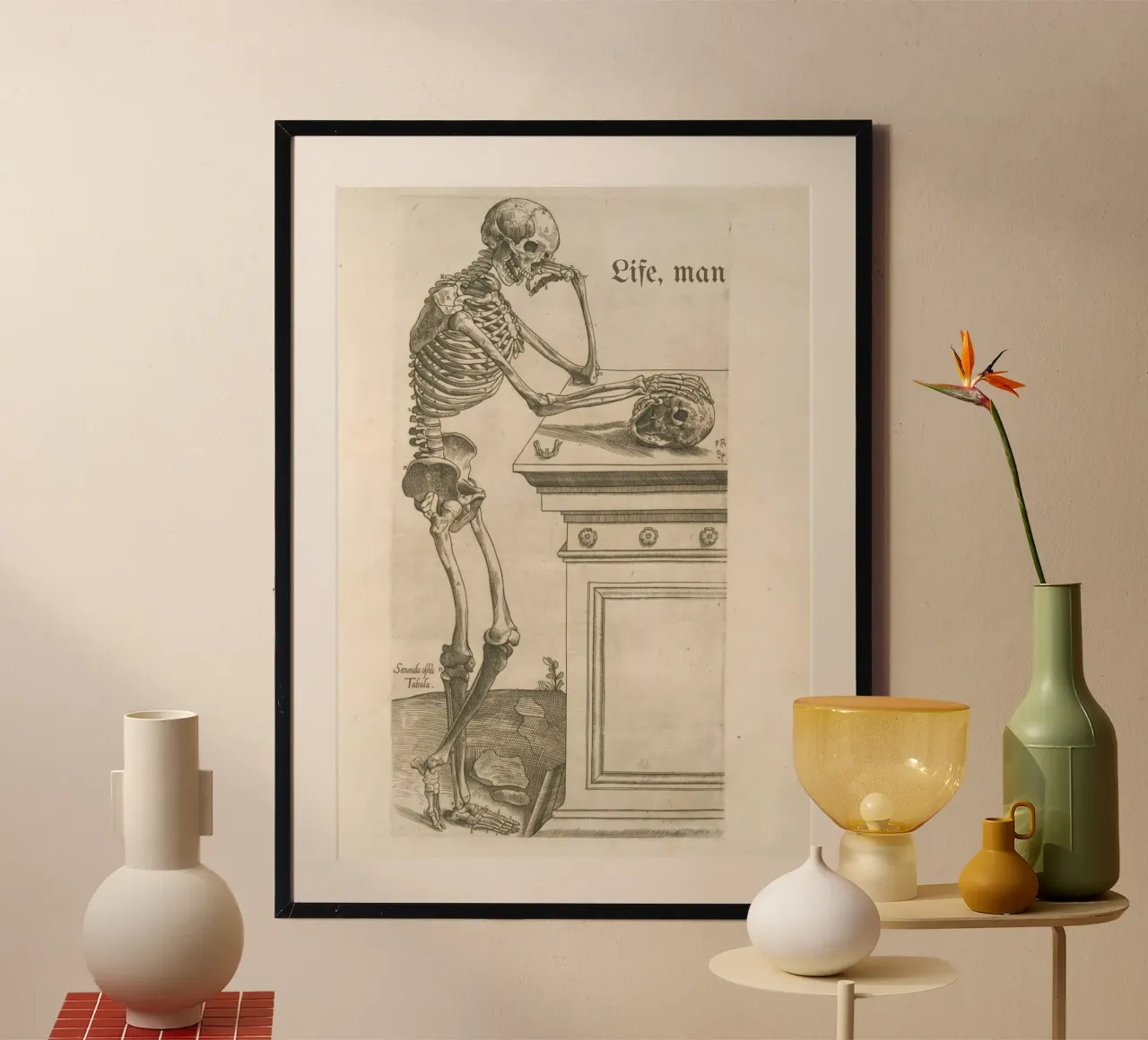 Skelet kunstdruk: Melancholische Schedel & Leven poster van vintagepod