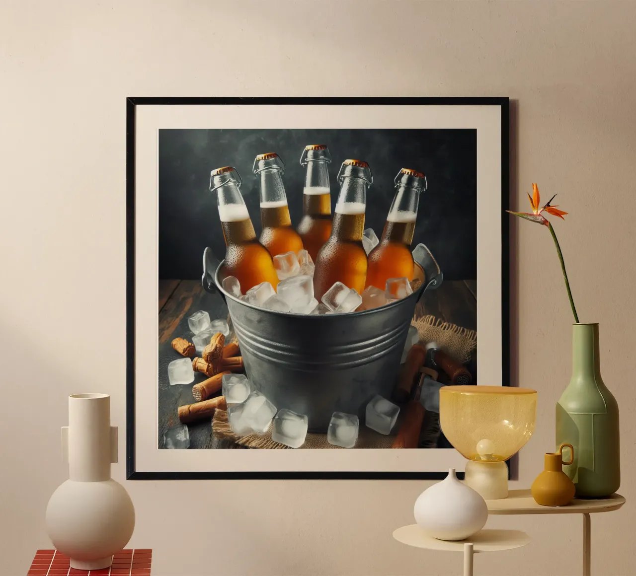 Bouteilles de bière dans le seau avec de la glace. poster avec cadre en plastique de 🥩 The tasty wall