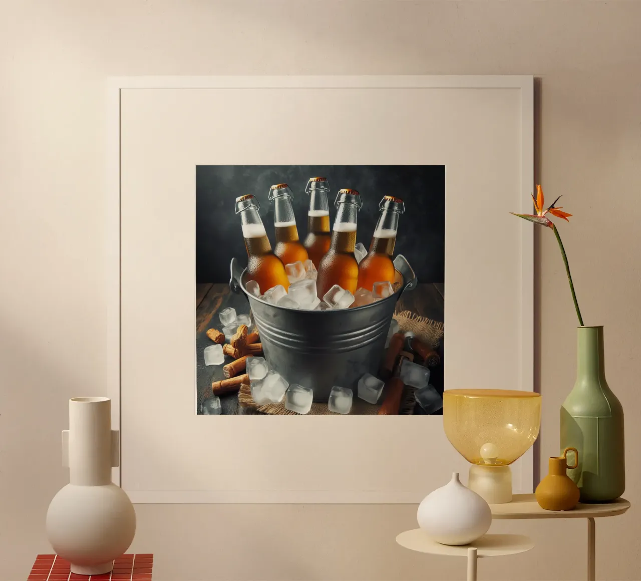 Bouteilles de bière dans le seau avec de la glace. poster avec cadre en plastique de 🥩 The tasty wall