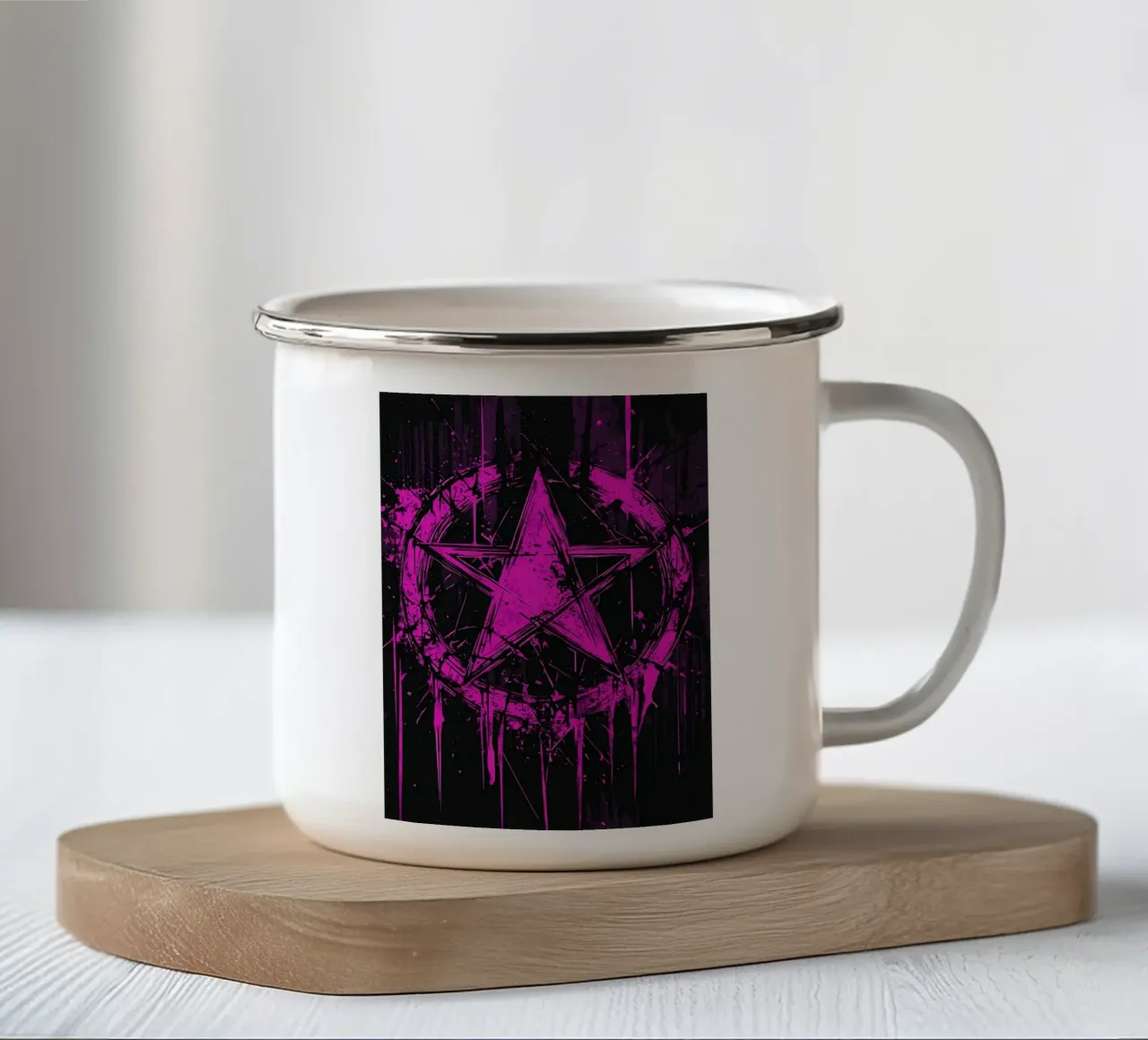 Pentagramma in rosa neon su nero tazza in smalto da pixelbull - medieval art and more