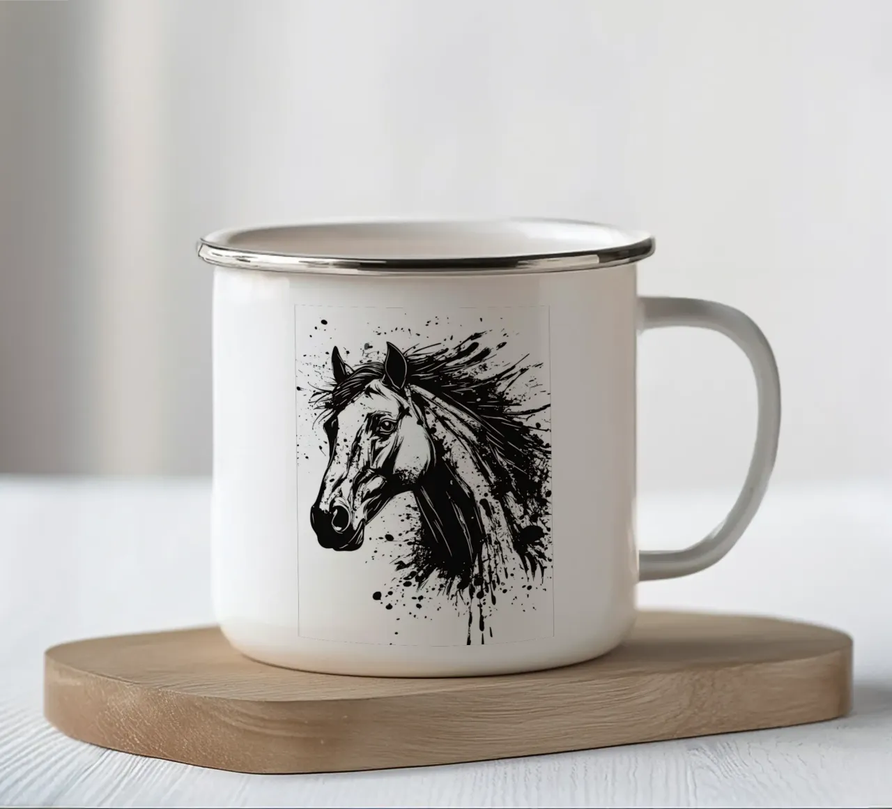 Paardenhoofd in inkt explosie emaille mok van pixelbull - medieval art and more