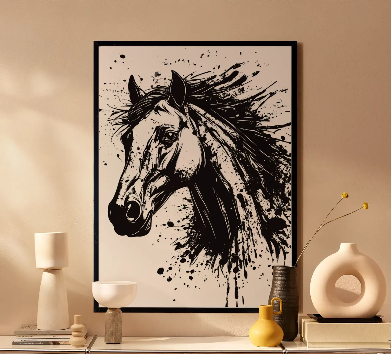 Testa di cavallo nell'esplosione di inchiostro poster con telaio in legno da pixelbull - medieval art and more