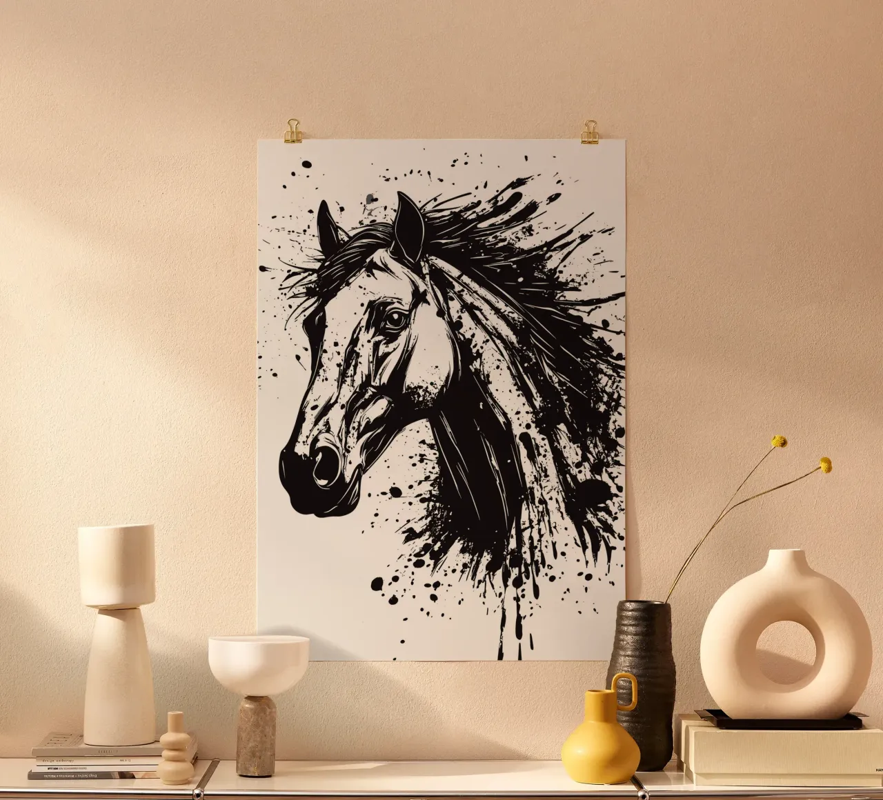 Testa di cavallo nell'esplosione di inchiostro poster con telaio in legno da pixelbull - medieval art and more