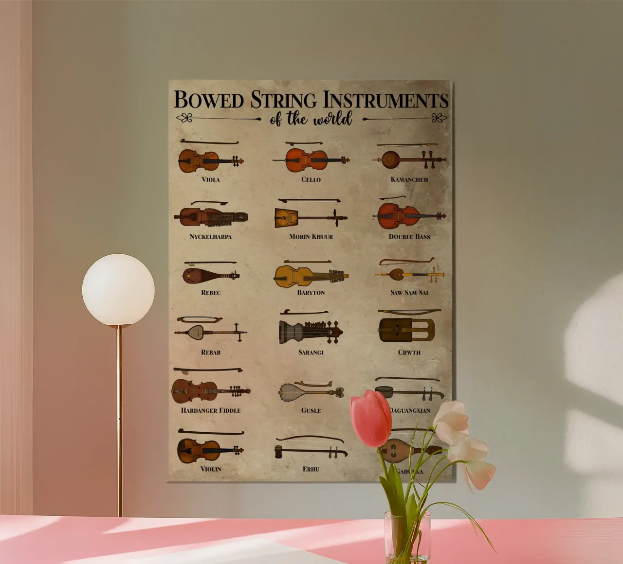 Strumenti a corda del mondo poster con telaio in alluminio da pixelbull - medieval art and more