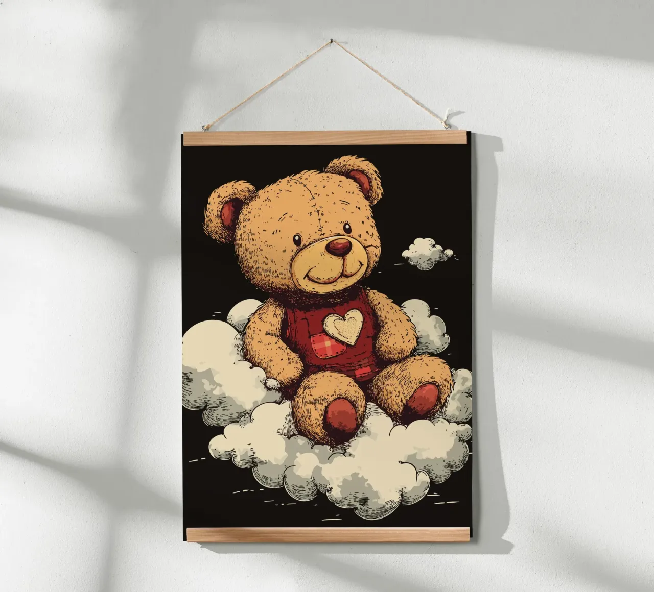 Orsetto sulle nuvole con cuore poster con telaio in alluminio da pixelbull - medieval art and more
