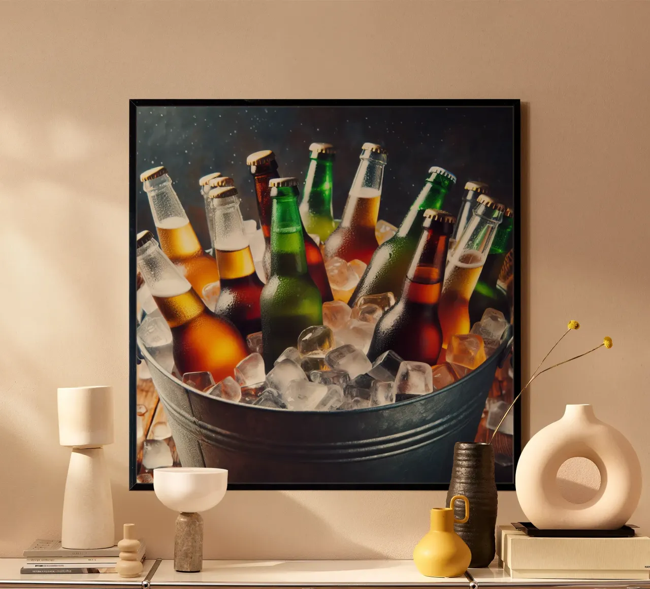Bottiglie di birra nel secchio con ghiaccio. poster con telaio in plastica da 🥩 The tasty wall