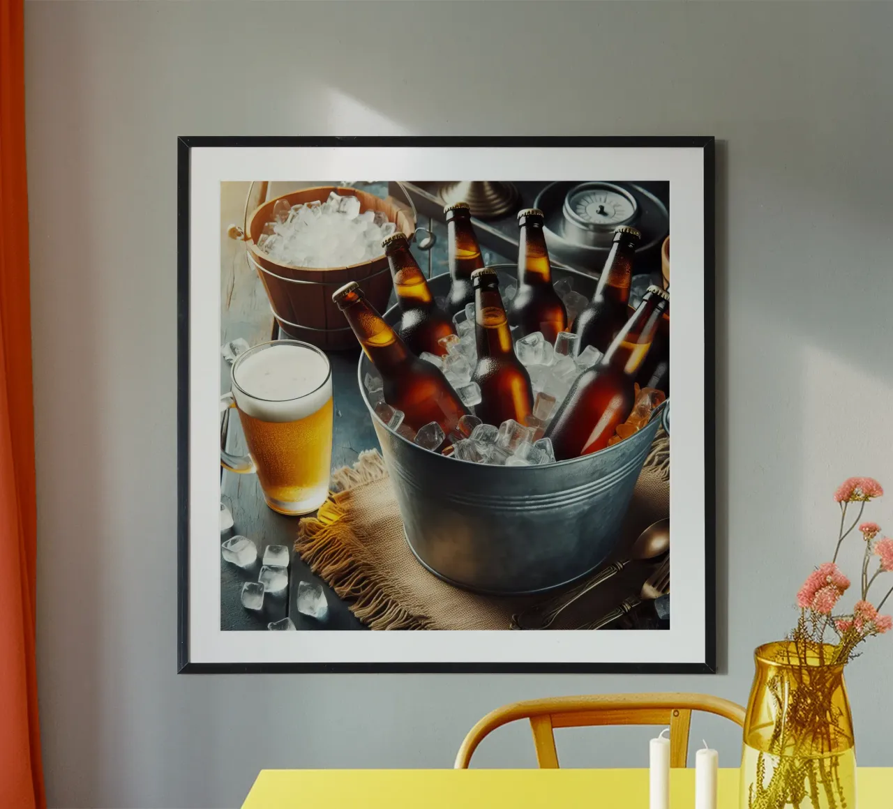 Bottiglie di birra nel secchio con ghiaccio. poster con telaio in plastica da 🥩 The tasty wall